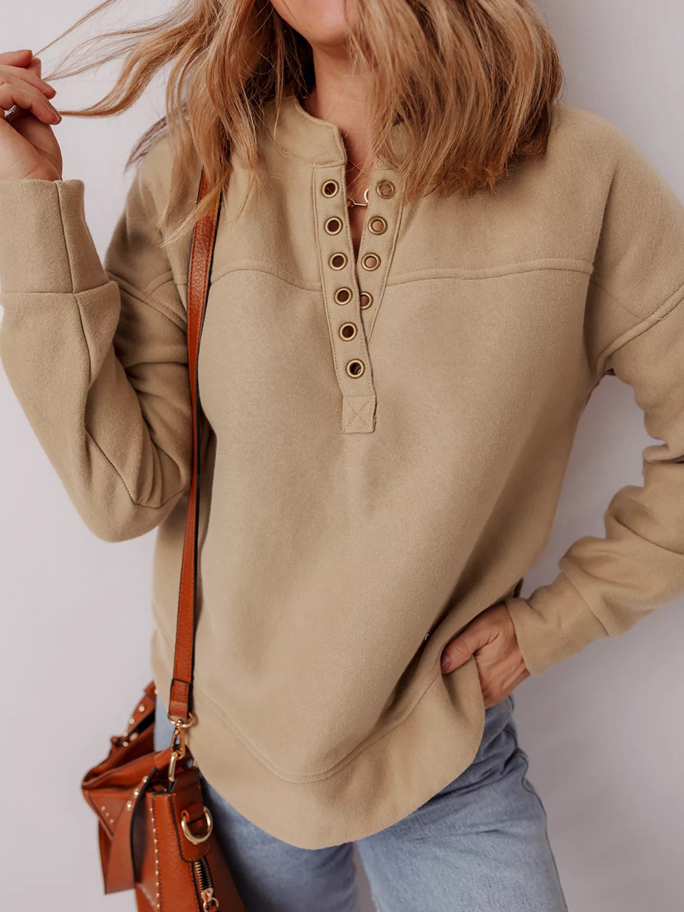Grommet Detail V Neck Sweatshirt Tan OutfitFlow