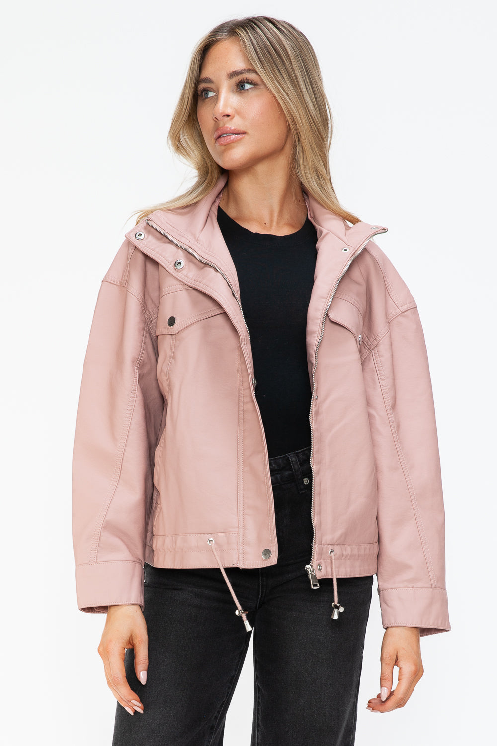 Outfit Flow - How Dare U Drawstring Hem PU Leather Zip Up Jacket