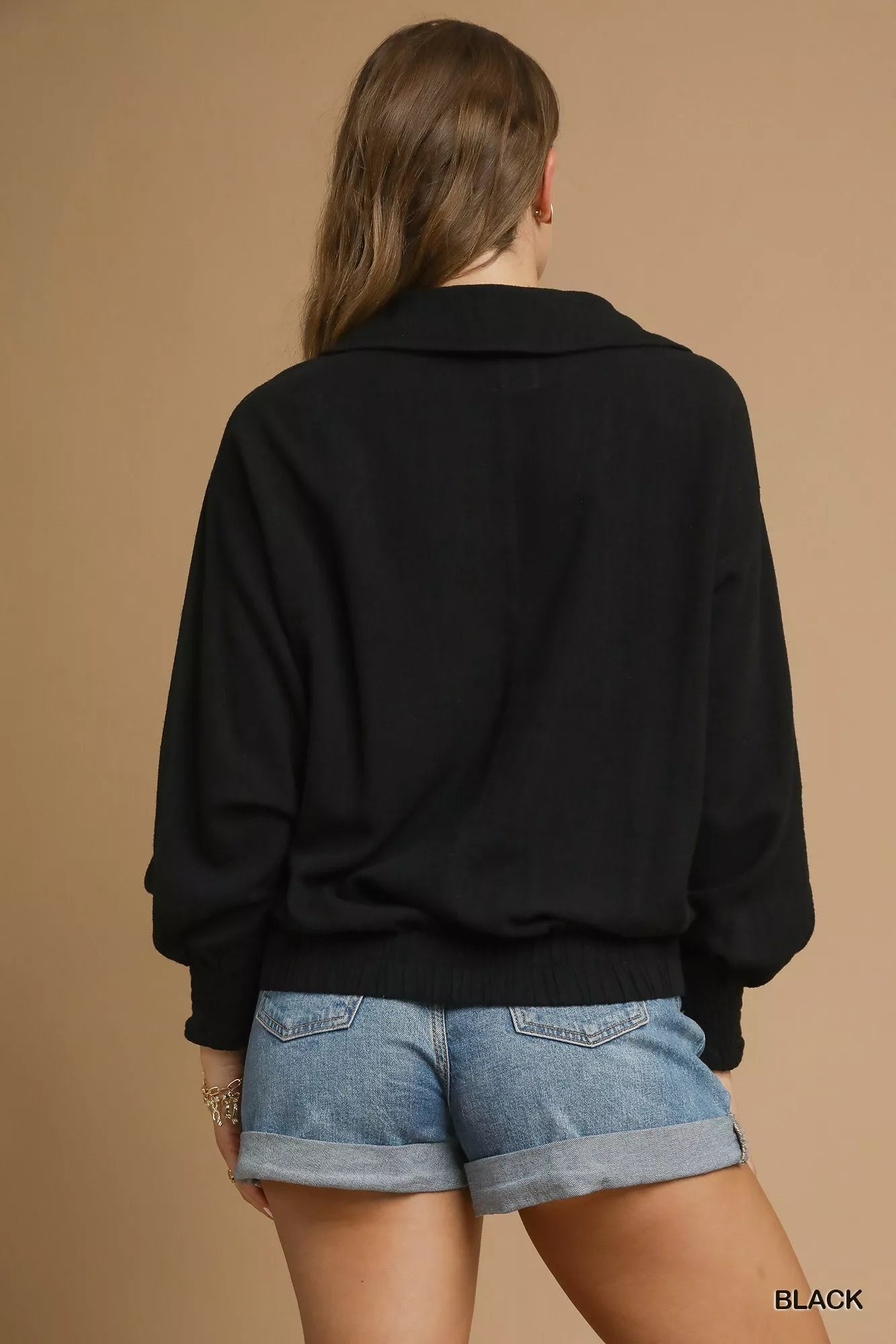 Umgee Linen Long Sleeves Elastic Hem Blouse OutfitFlow