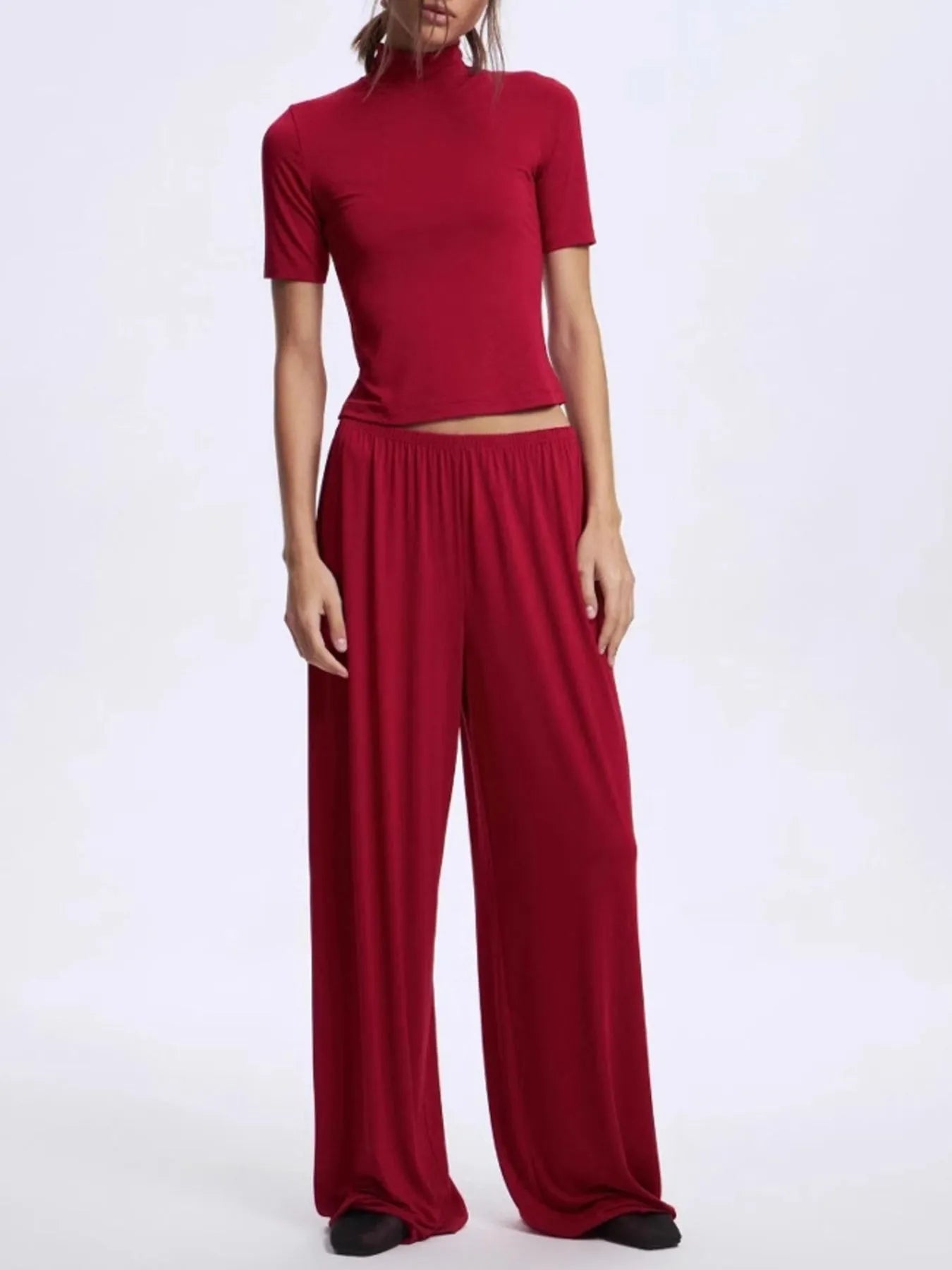 Mock Neck Short Sleeve Top and Pants Set Red OutfitFlow