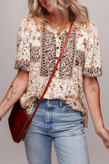 Boho Floral Print Half Placket Short Sleeve Loose Blouse OutfitFlow