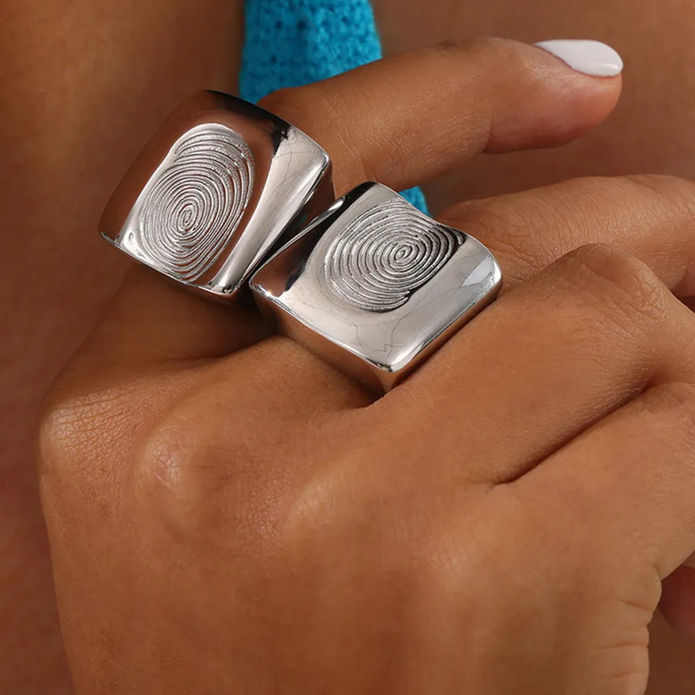 Titanium Steel Fingerprint Signet Ring Silver OutfitFlow
