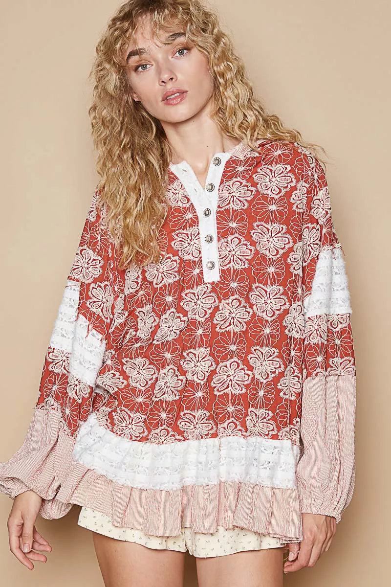 POL Ruffled Hem Floral Pattern Balloon Sleeve Hoodie RED MULTI Trendsi