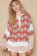 POL Ruffled Hem Floral Pattern Balloon Sleeve Hoodie RED MULTI Trendsi