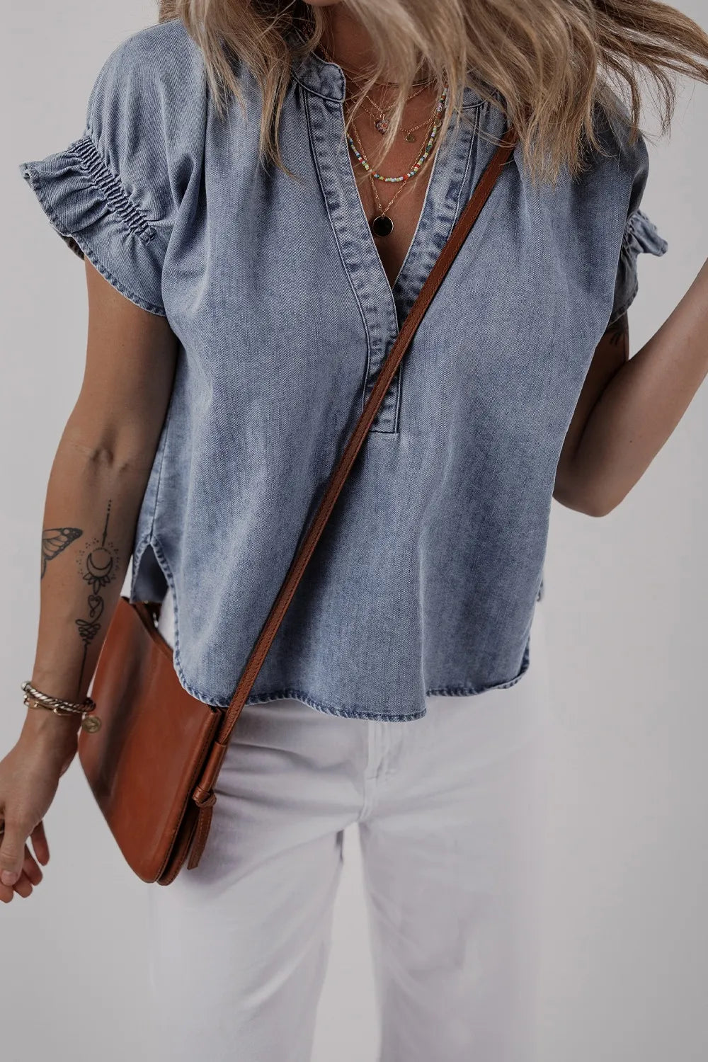 V Neck Ruffled Short Puff Sleeve Denim Top OutfitFlow