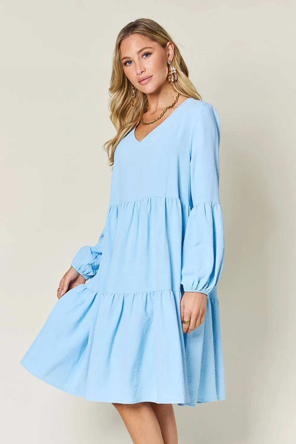 Double Take Full Size V-Neck Balloon Sleeve Tiered Dress with Pockets OutfitFlow
