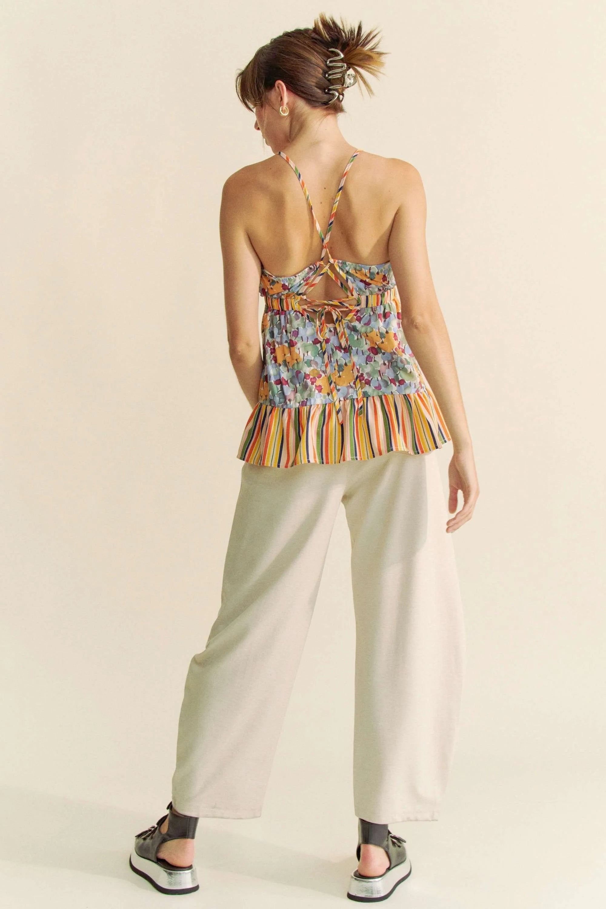 Davi & Dani Floral Smocked Sleeveless Ruffle Back Tie Top OutfitFlow