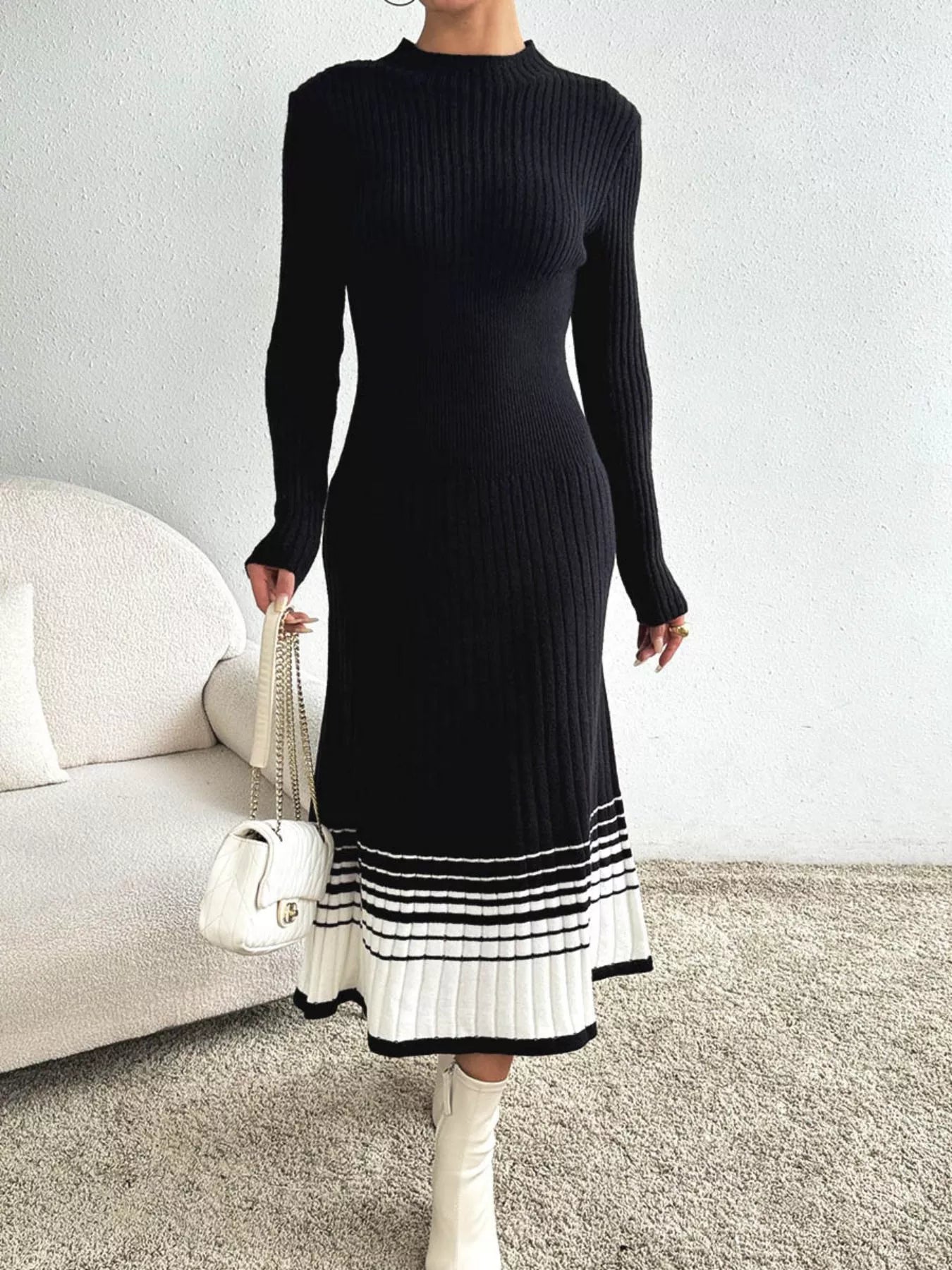 Ribbed Knit Sweater Dress with Striped Hem OutfitFlow