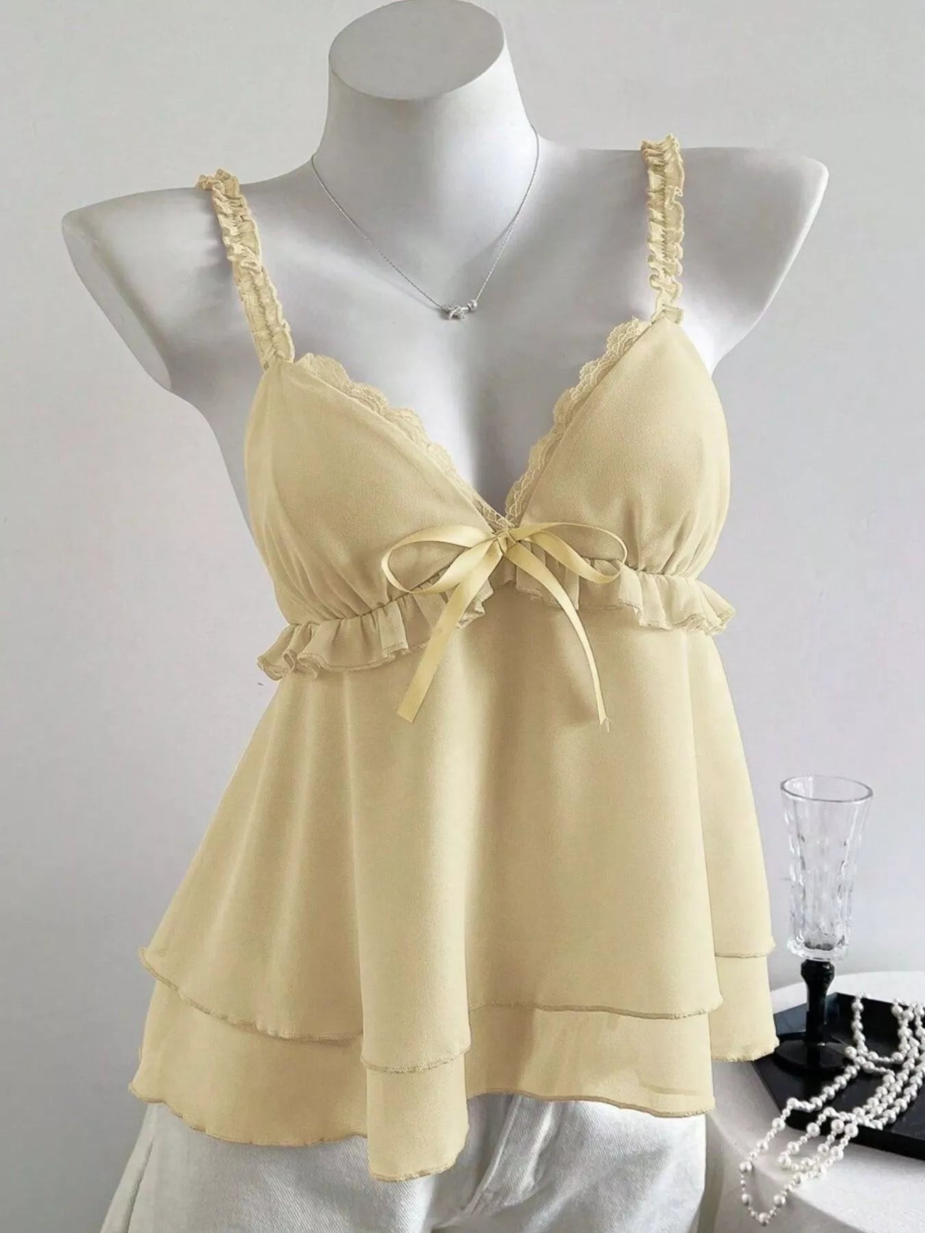 Lace Detail Layered Cami Light Yellow OutfitFlow