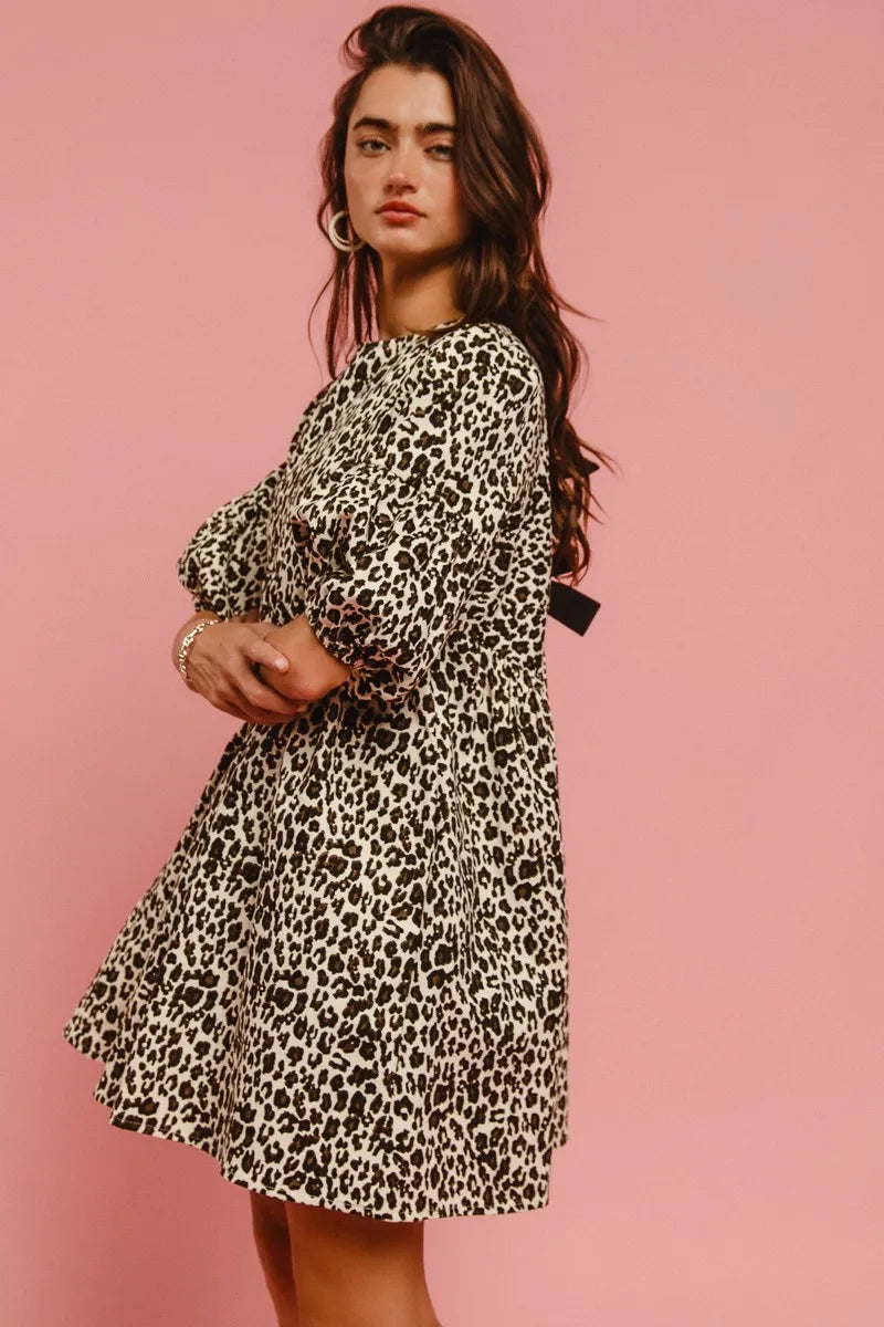 BiBi Leopard Denim Dress With Back Contrast Tie Detail OutfitFlow