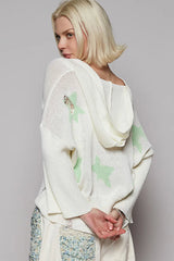 POL Distressed Lace-Up Star Pattern Hooded Hooded Sweater OutfitFlow