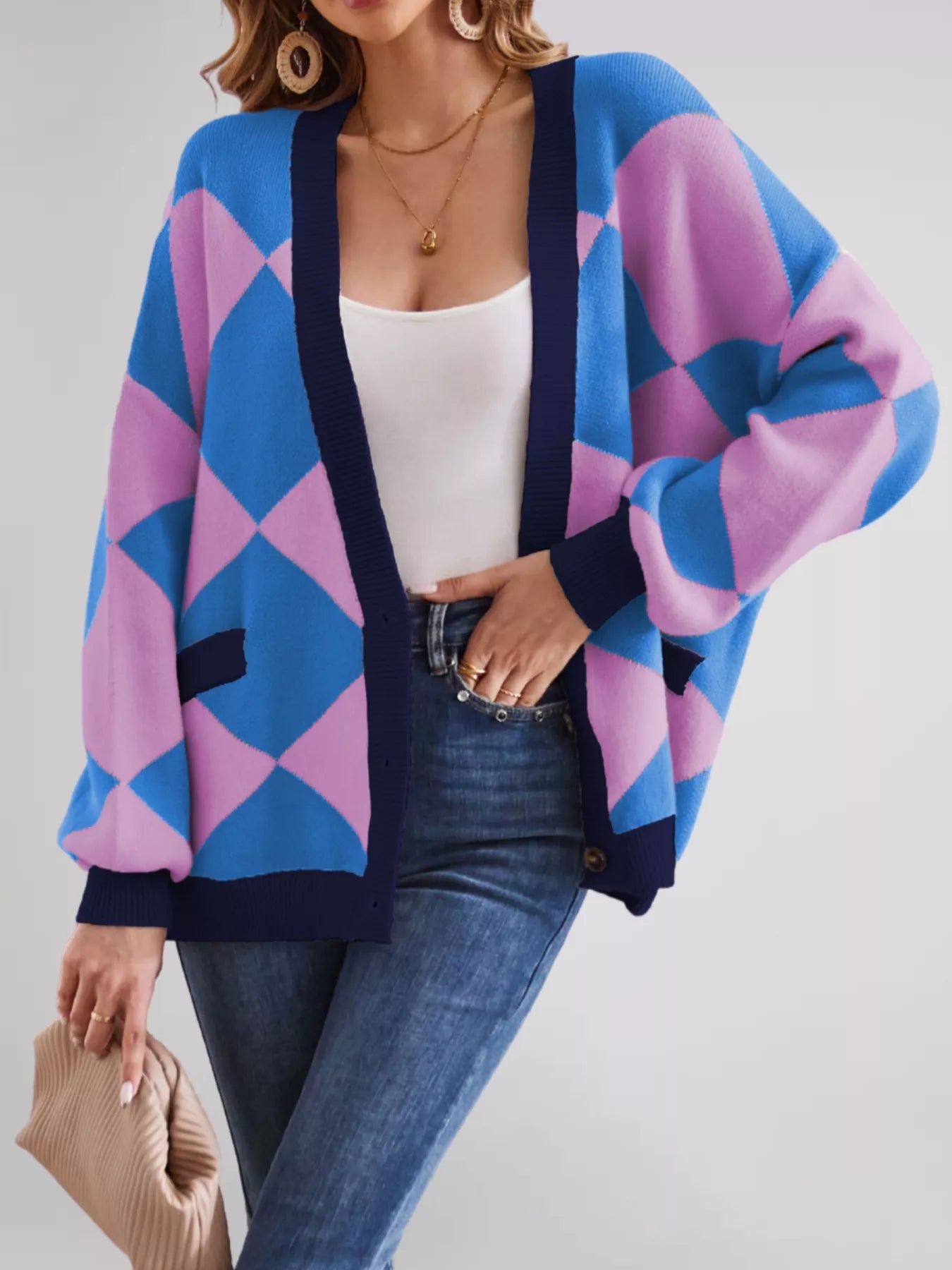 Diamond Pattern Button-Up Knit Cardigan OutfitFlow