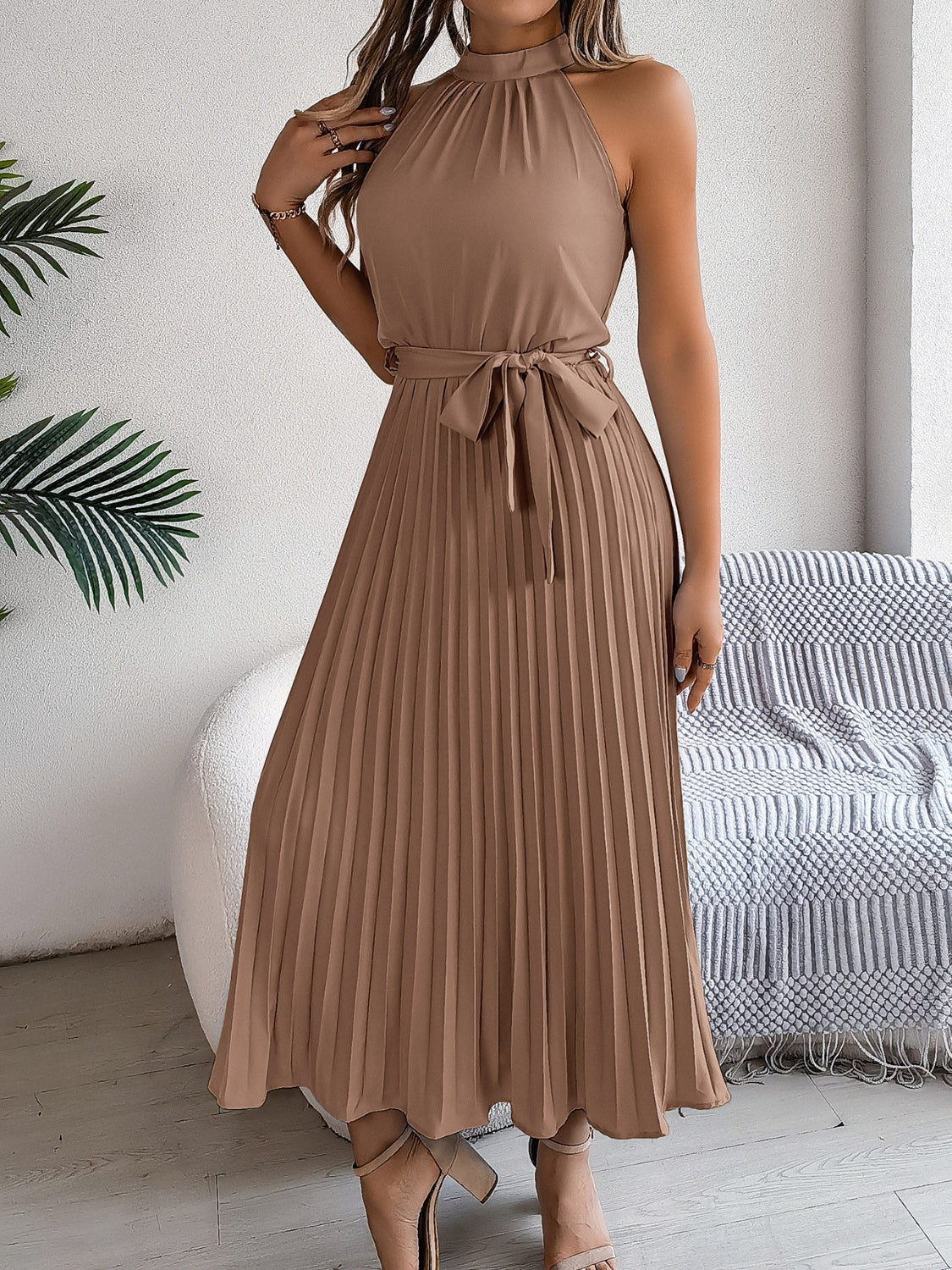 Grecian Neck Tie Waist Pleated Dress OutfitFlow