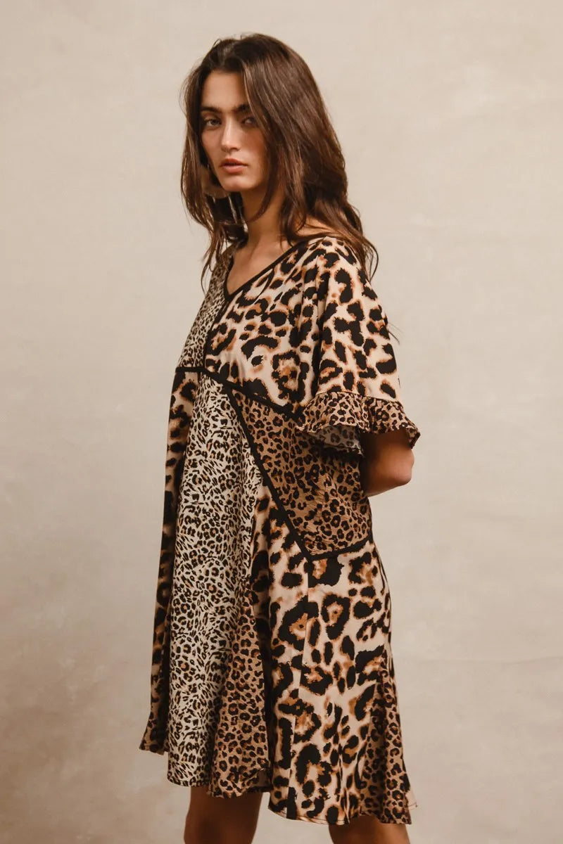 BiBi Leopard Prints Mix and Match Short Sleeves Dress OutfitFlow