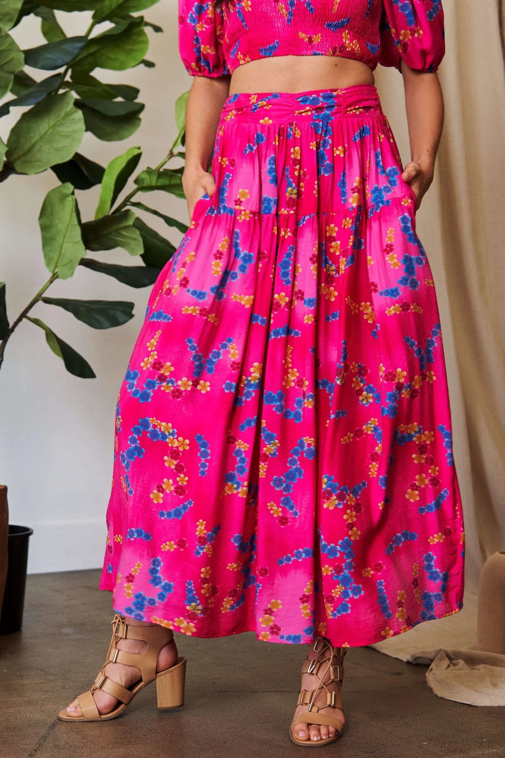 Davi & Dani Printed Smocking Waistband Ruffled Maxi Skirt OutfitFlow