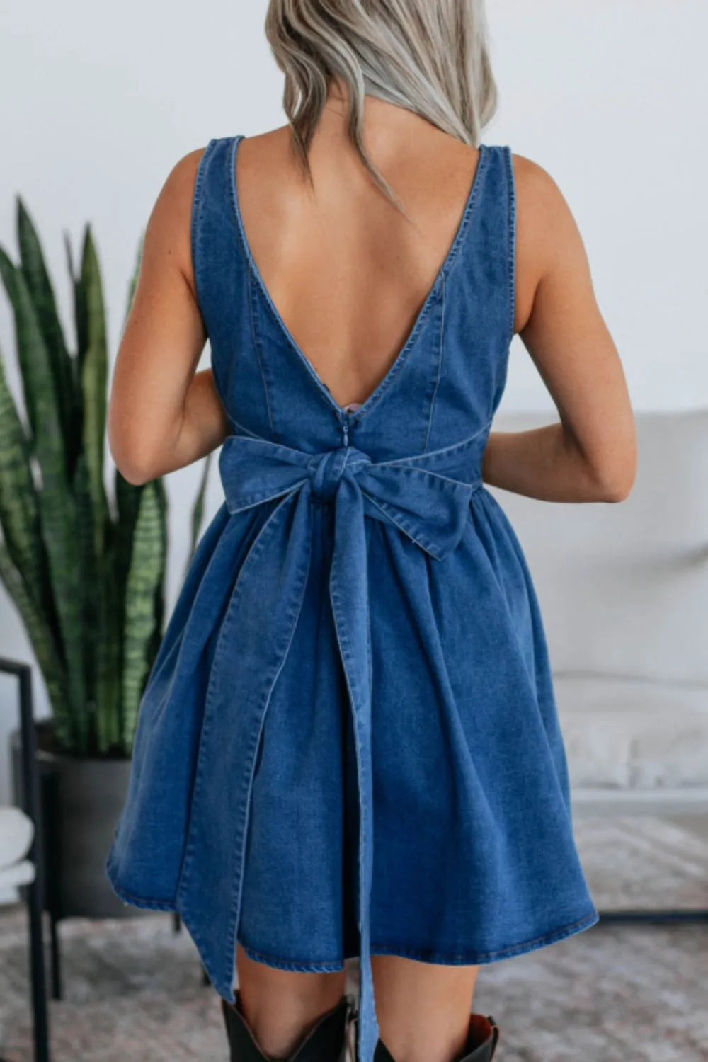 V-Back Bow Tie Denim Skater Dress OutfitFlow