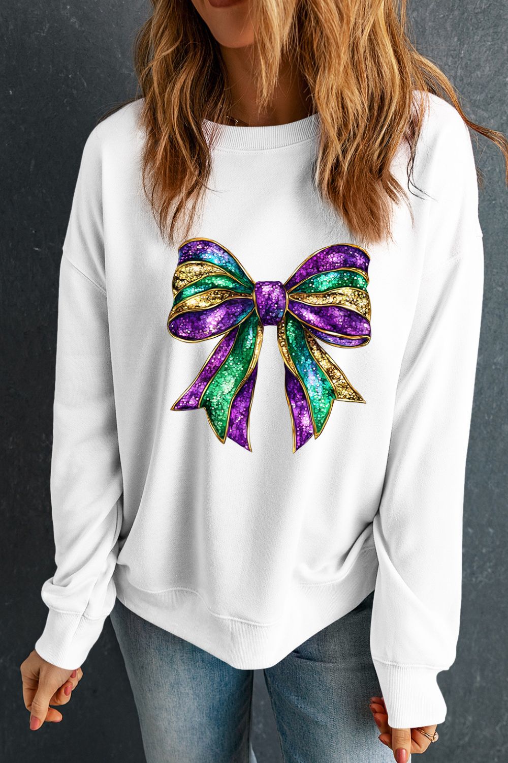 Bow Round Neck Long Sleeve Sweatshirt OutfitFlow