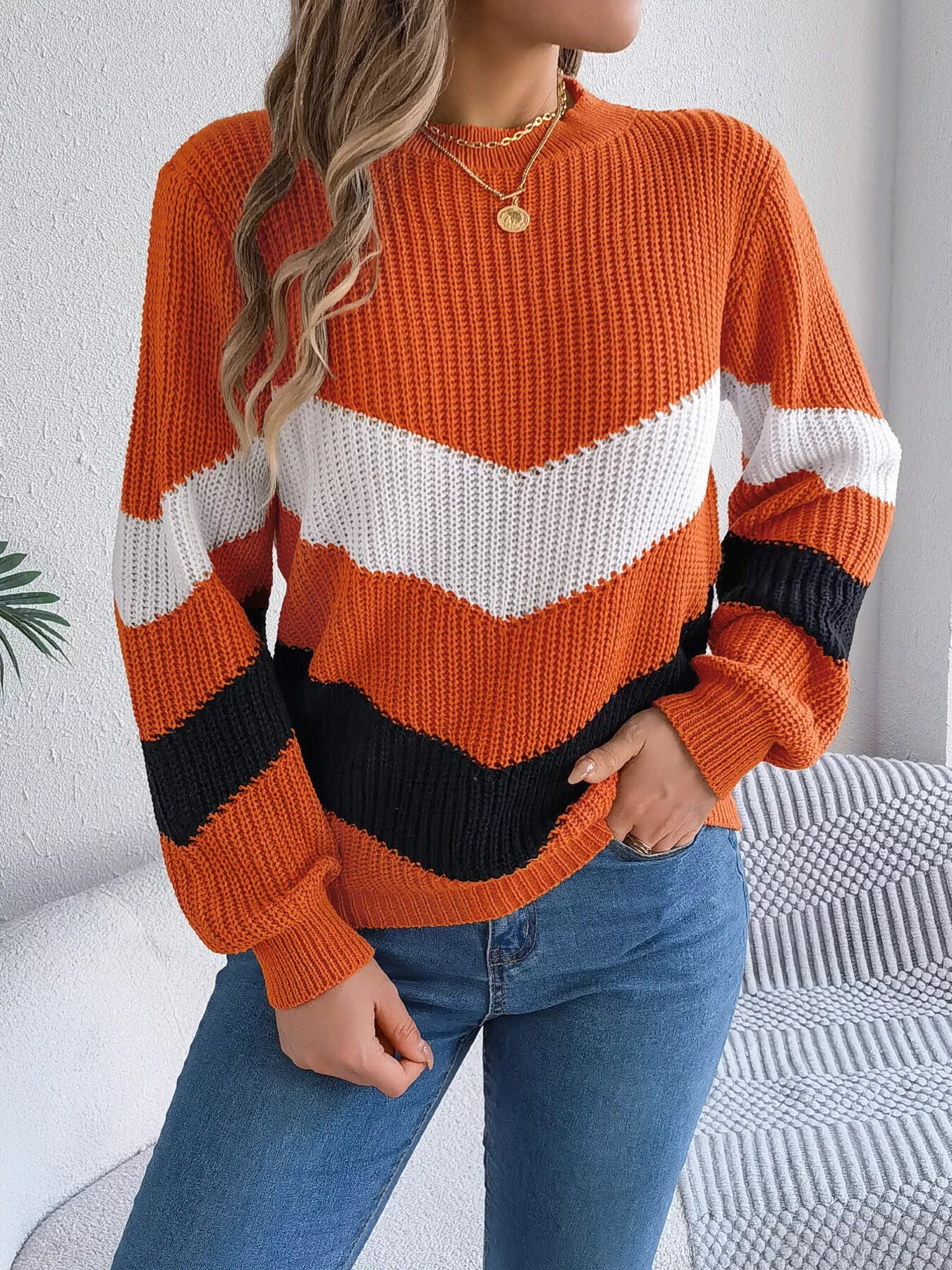 Chevron Stripe Color Block Round Neck Sweater OutfitFlow