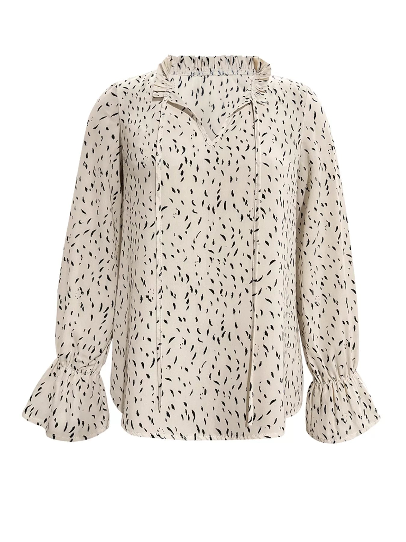 Ruffled Printed Tie Neck Long Sleeve Blouse OutfitFlow