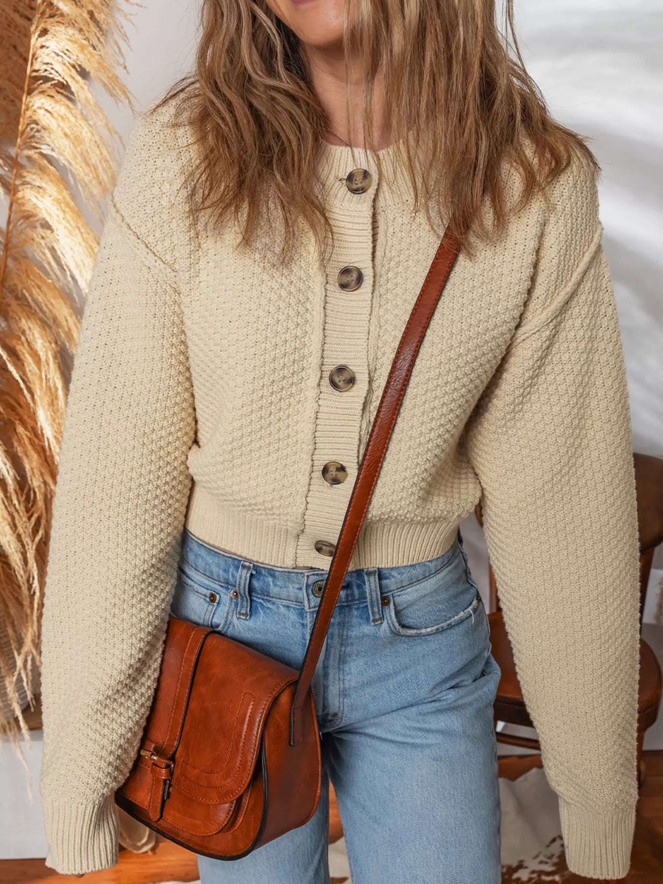 Button Front Cropped Cardigan Beige OutfitFlow