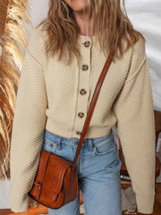 Button Front Cropped Cardigan Beige OutfitFlow