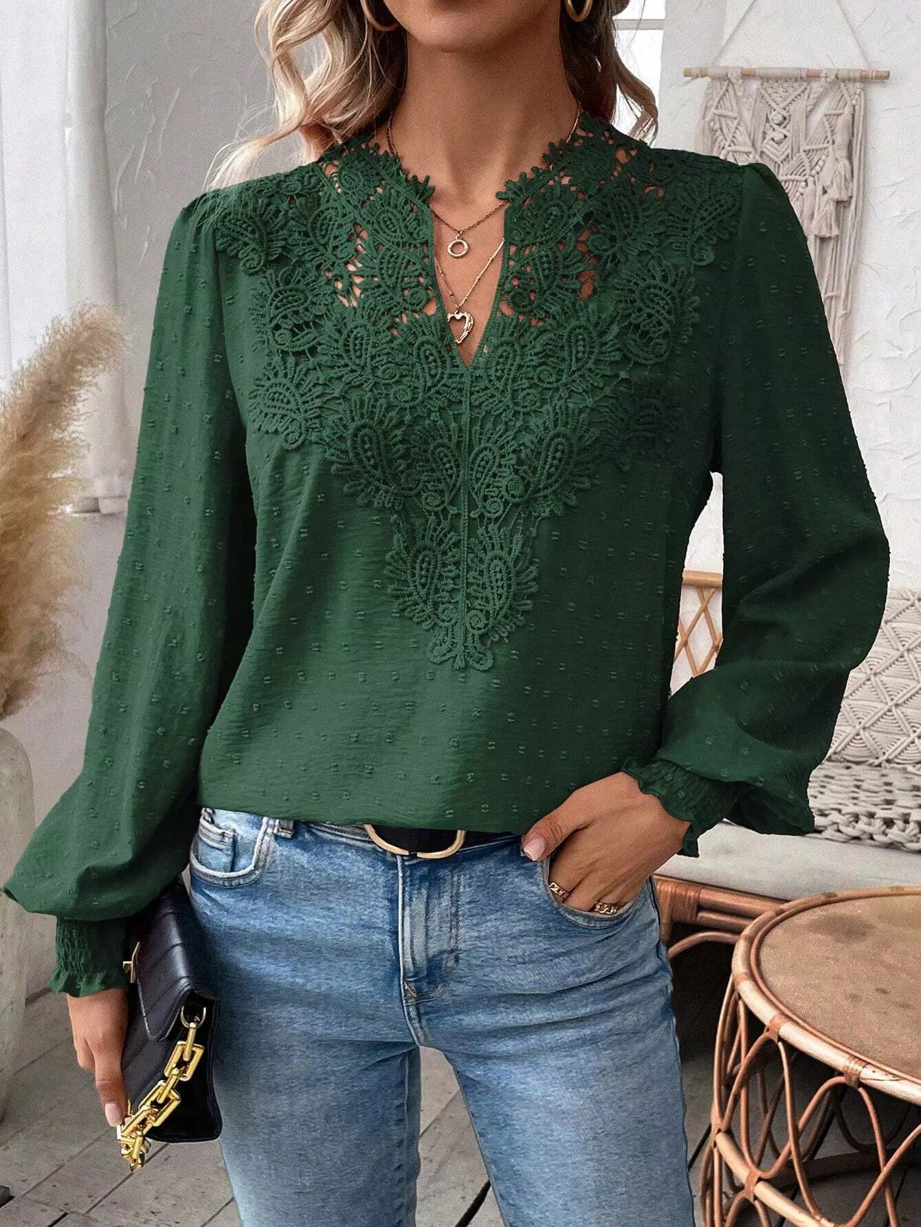 Lace Trim Long Sleeve Blouse Dark Green OutfitFlow