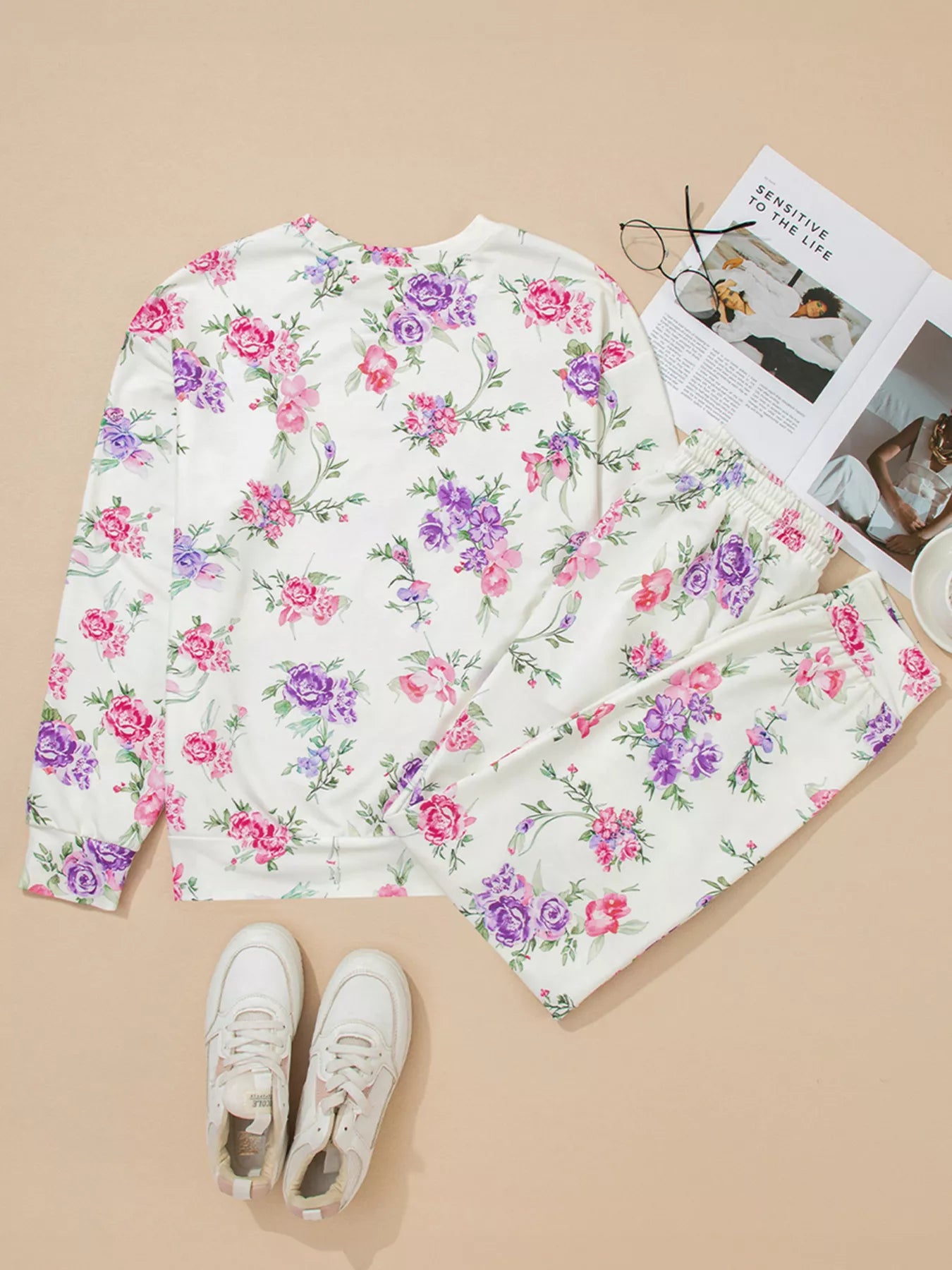 Floral Print Round Neck Top and Drawstring Pants Lounge Set OutfitFlow