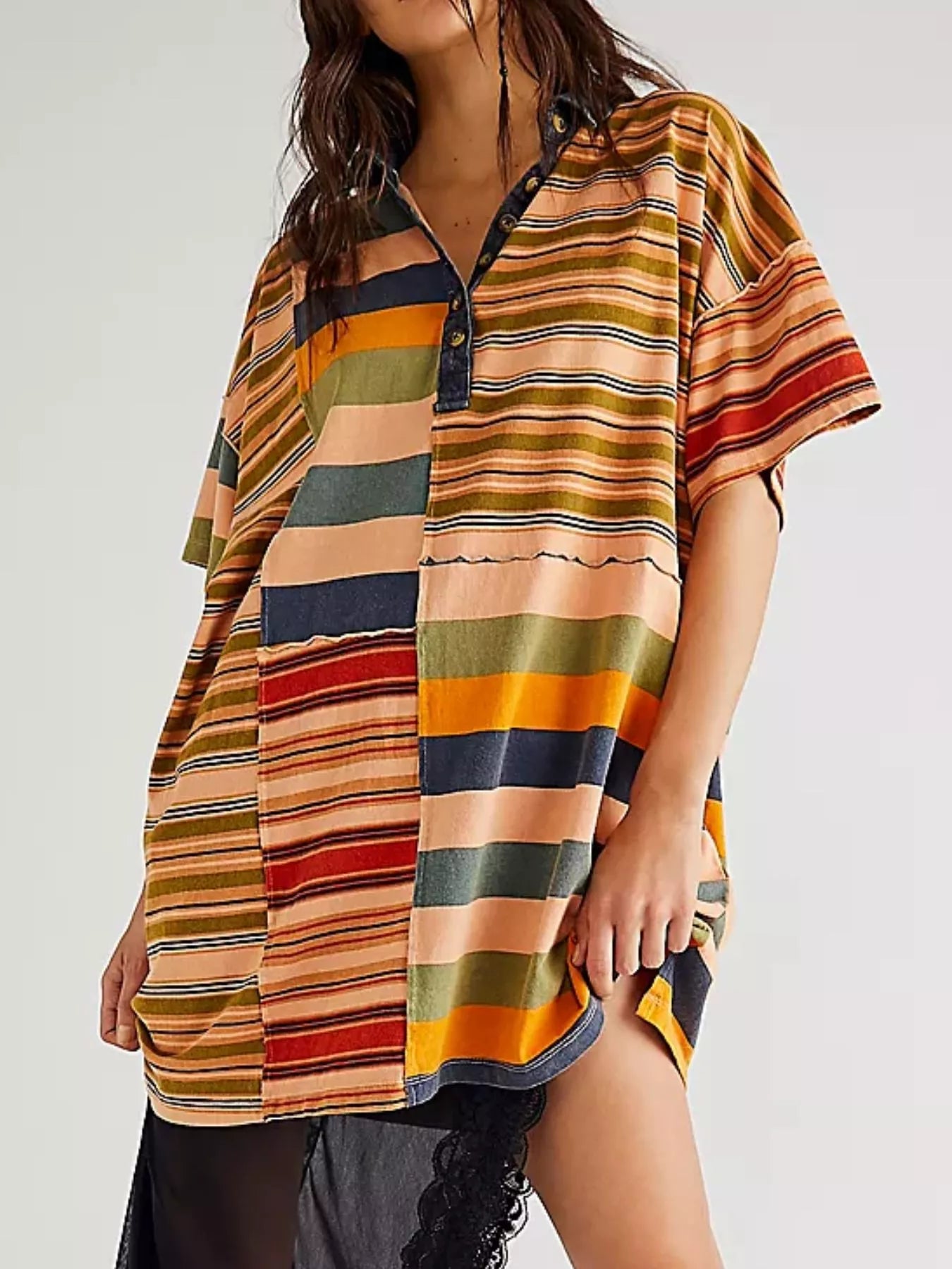 Striped Oversized Half Button Shirt Dress Orange-red Stripes OutfitFlow