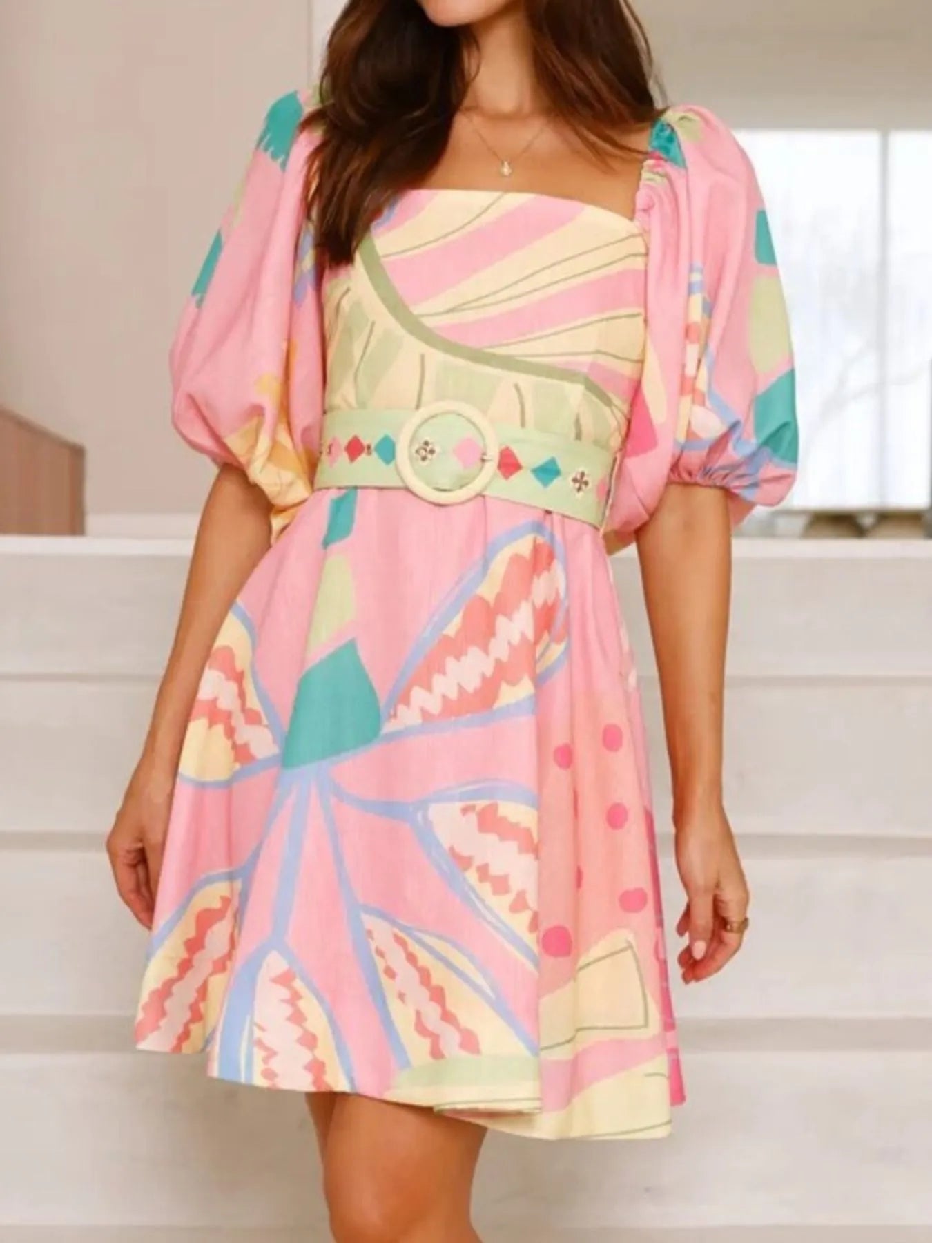 Colorful Print Belted Mini Dress with Puff Sleeves OutfitFlow