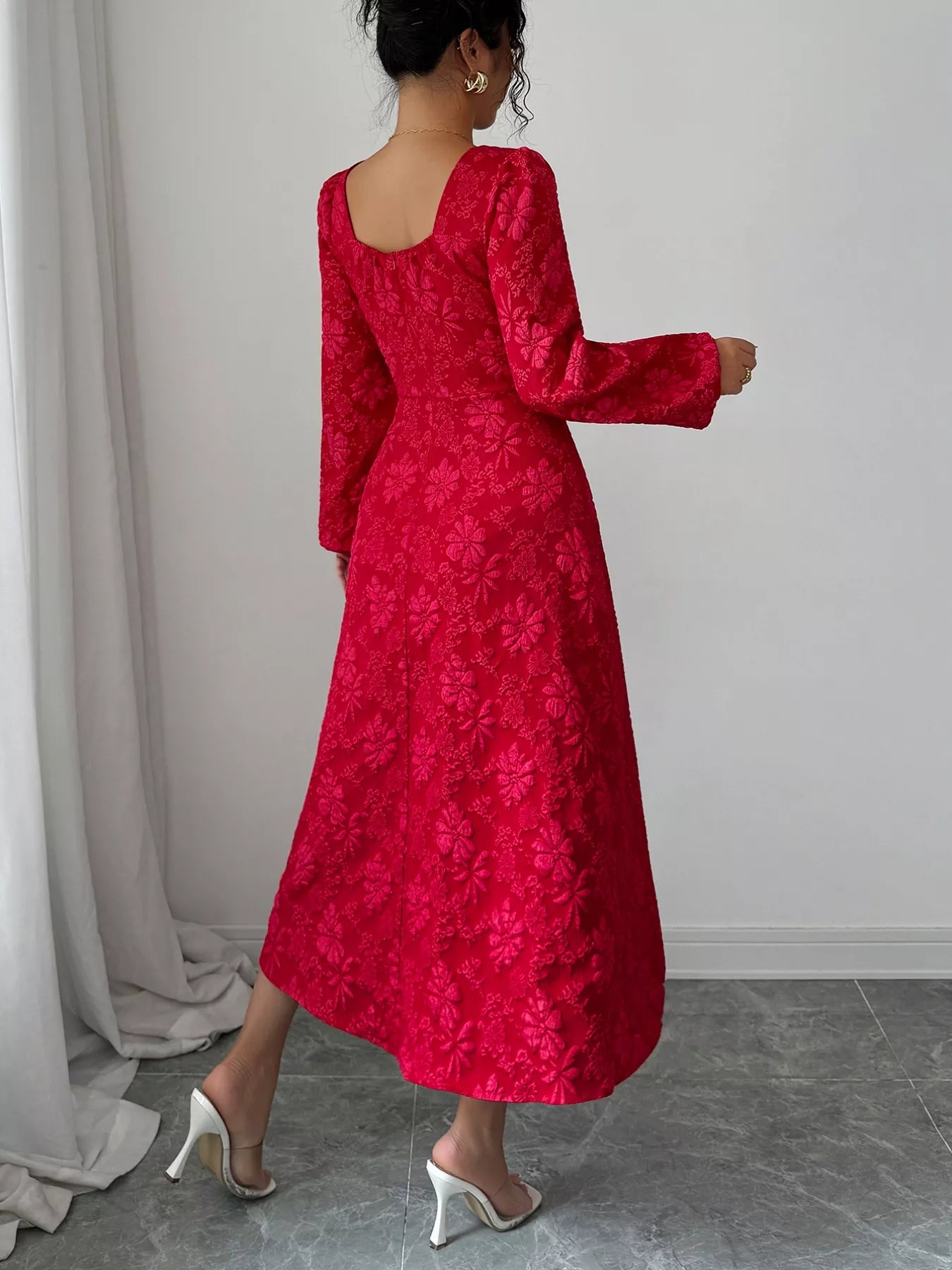 Floral Balloon Sleeve Midi Dress Trendsi