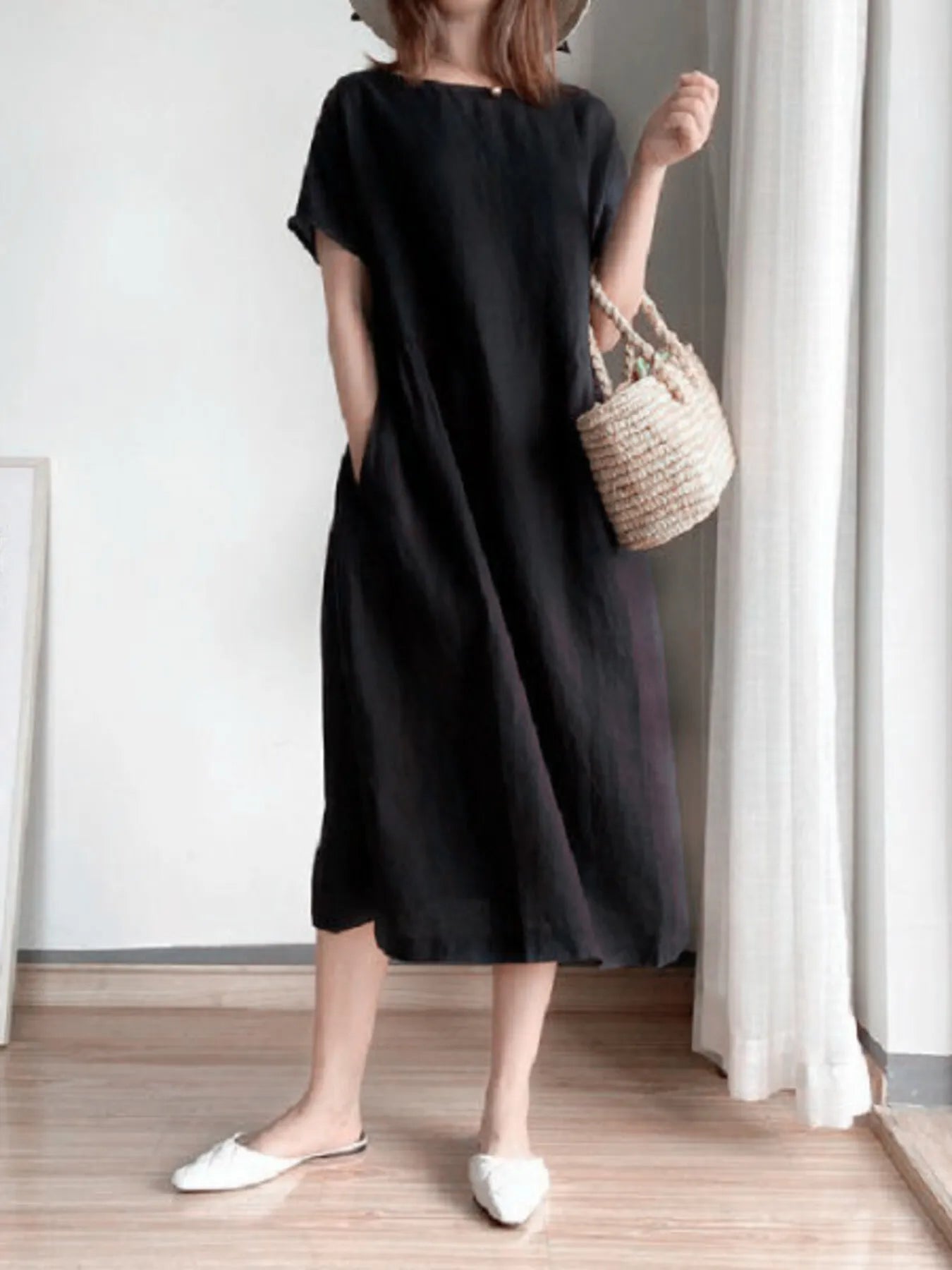 Full Size Casual Round Neck Midi Dress Plus Size Noirnoir OutfitFlow