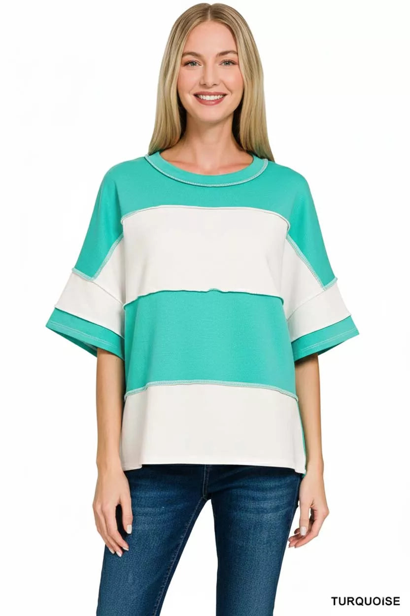 Zenana French Terry Color Block Exposed Seam Top OutfitFlow