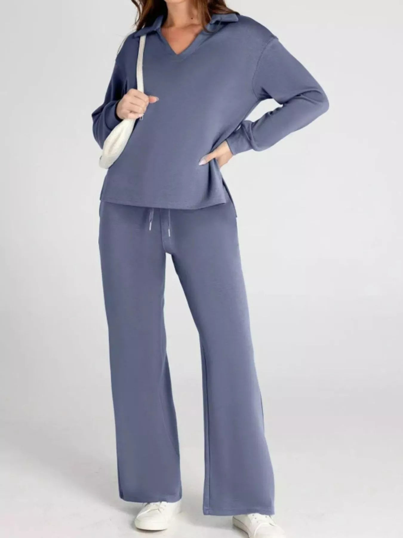 Full Size Johnny Collar Long Sleeve Top and Pants Plus Size Light Indigo OutfitFlow