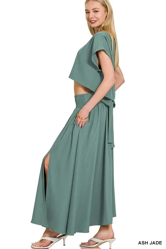 Zenana Heavy Woven Span Crop Tee & Skirt Set OutfitFlow
