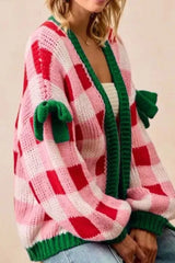 Checkered Bow-Tie Sleeve Knit Christmas Cardigan OutfitFlow