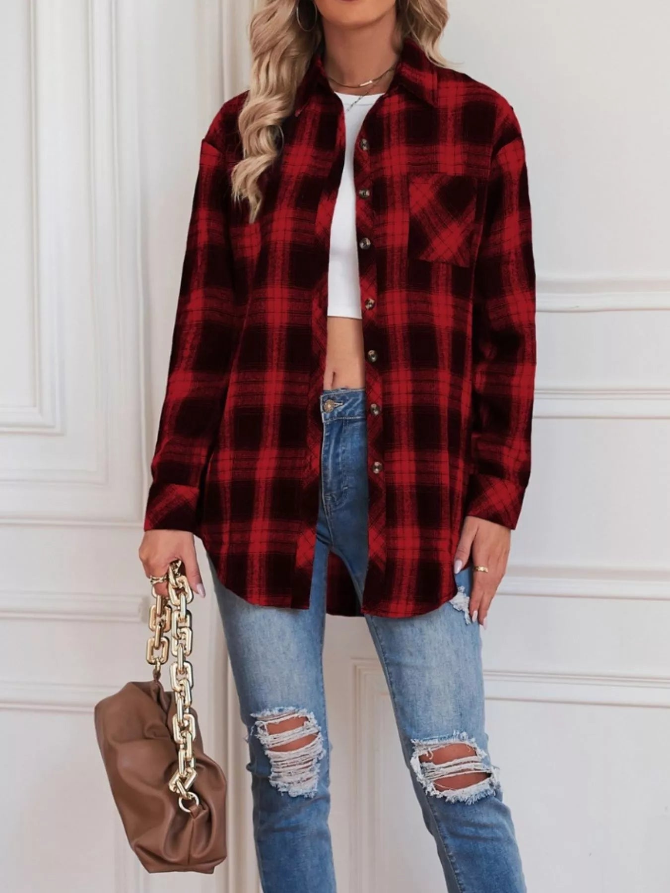 Casual Plaid Button Up Shirt Trendsi
