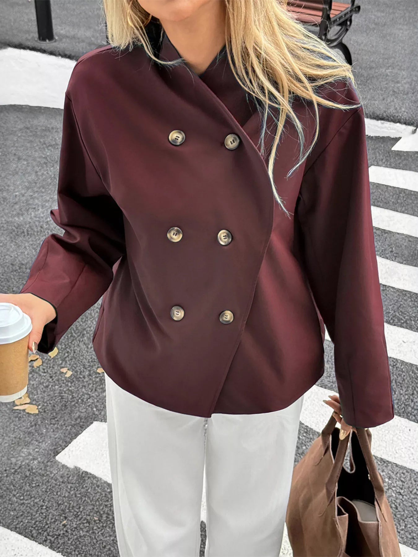 Double-Breasted Long Sleeve Jacket Burgundy OutfitFlow