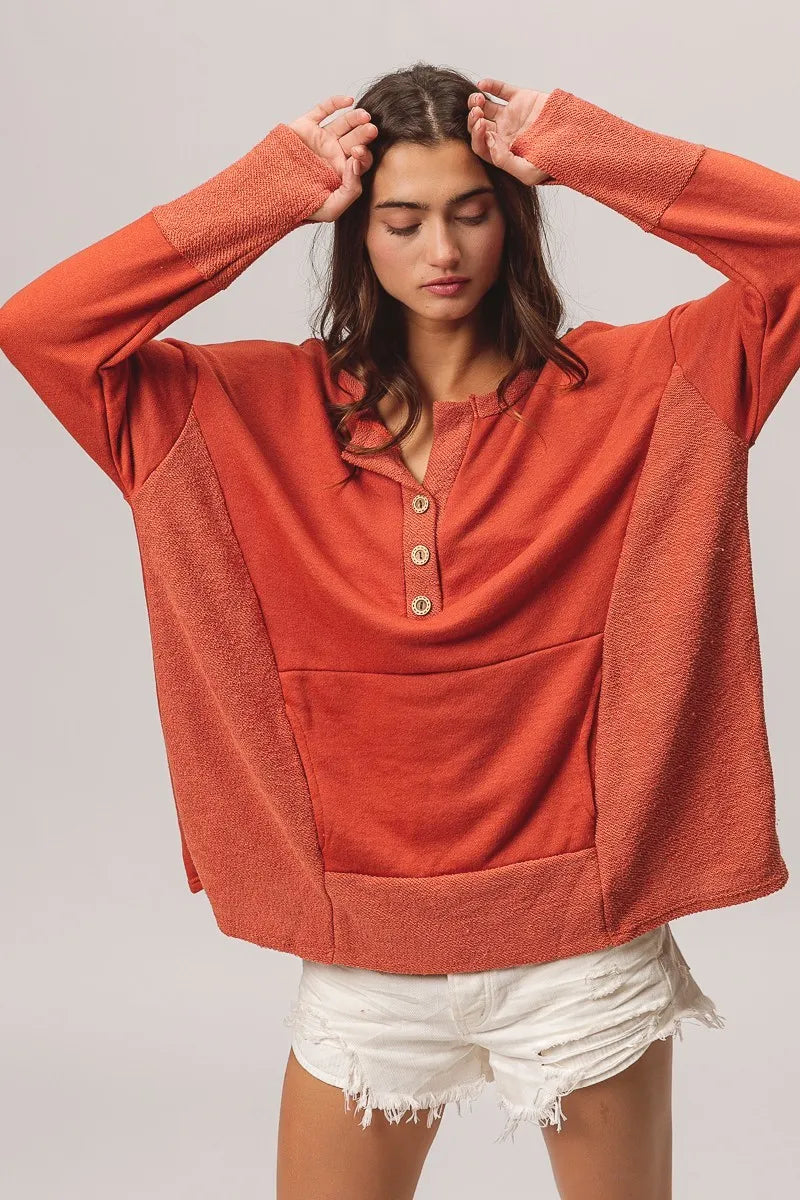 BiBi French Terry Knit Side Block Buttoned Henley Top Trendsi