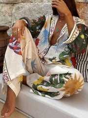 Printed Long Sleeve Shirt and Pants Set Multicolor OutfitFlow