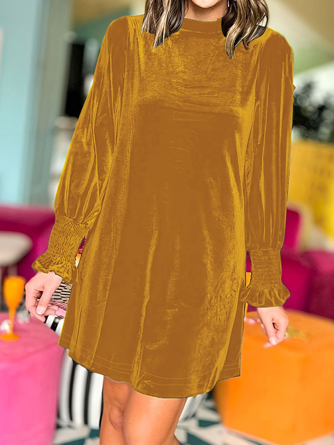 Outfit Flow - Full Size Mock Neck Smocked Long Sleeve Mini Dress