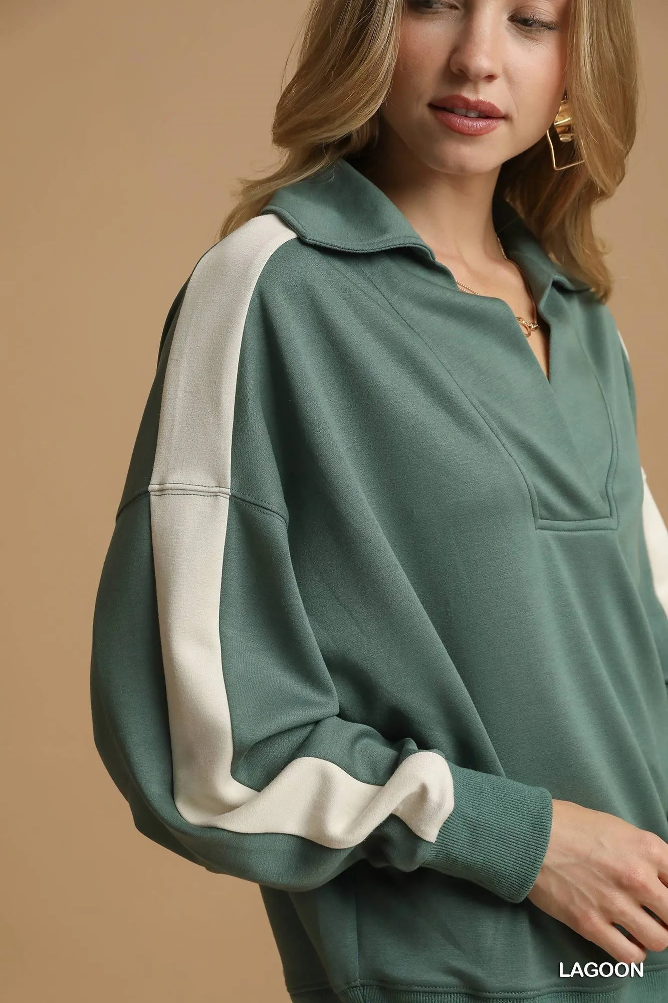 Umgee Contrast Long Sleeve Sweatshirt with Collar OutfitFlow