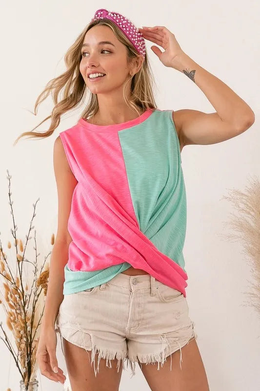 BiBi Slub Terry Color Block Twisted Top OutfitFlow