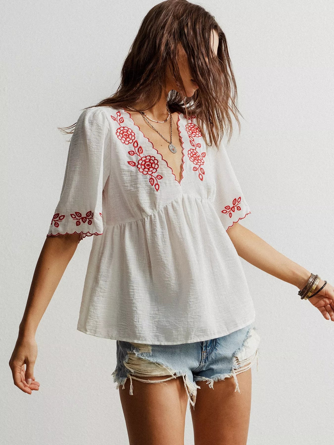 Embroidered Floral V-Neck Blouse OutfitFlow