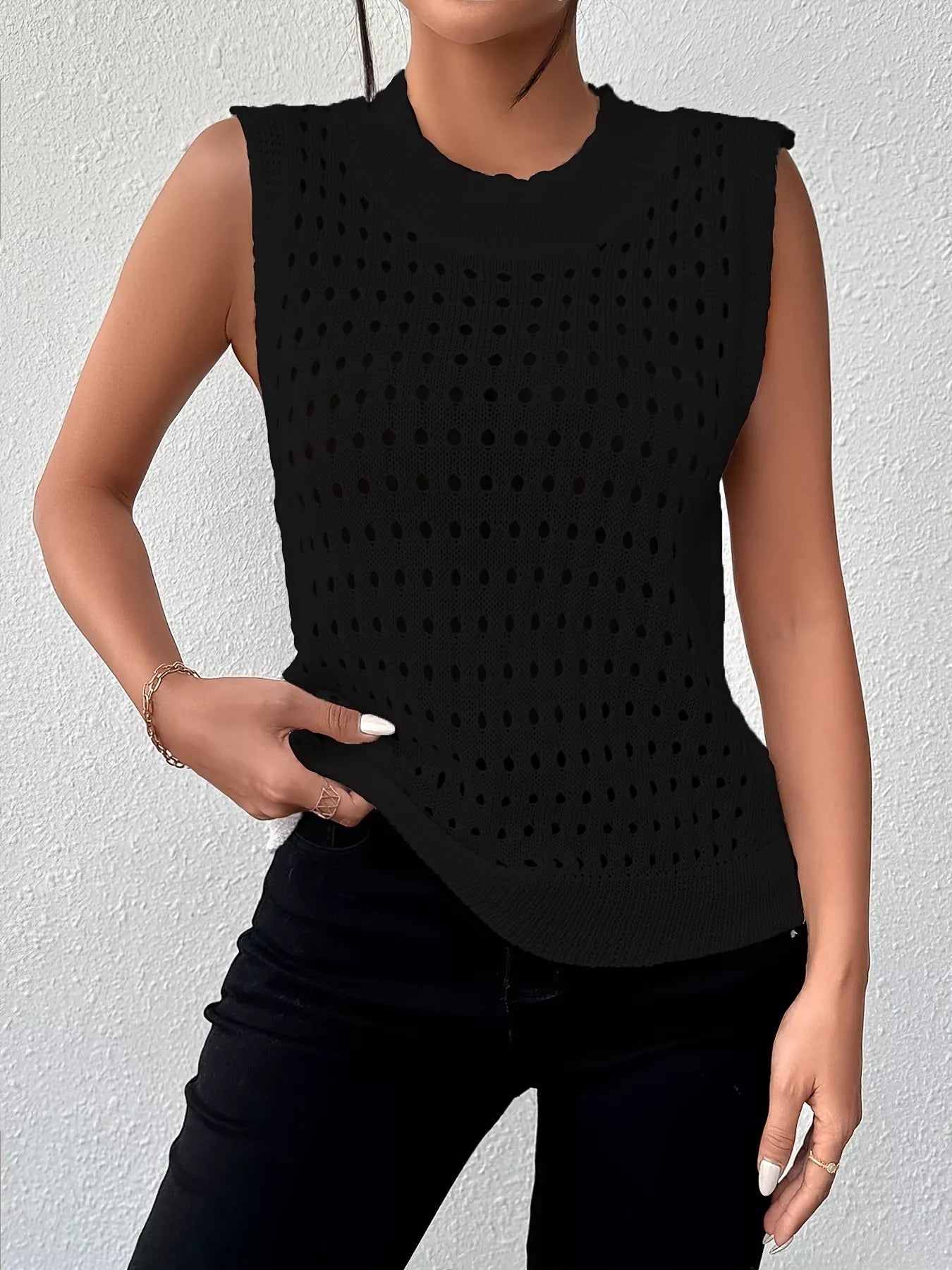 Hollow Out Round Neck Knit Tank OutfitFlow
