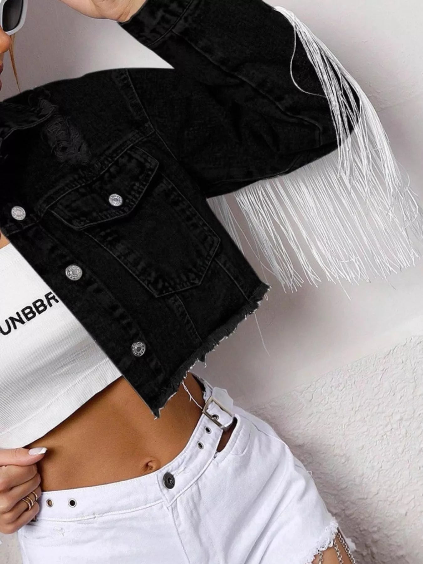 Fringe Button Up Cropped Denim Jacket OutfitFlow