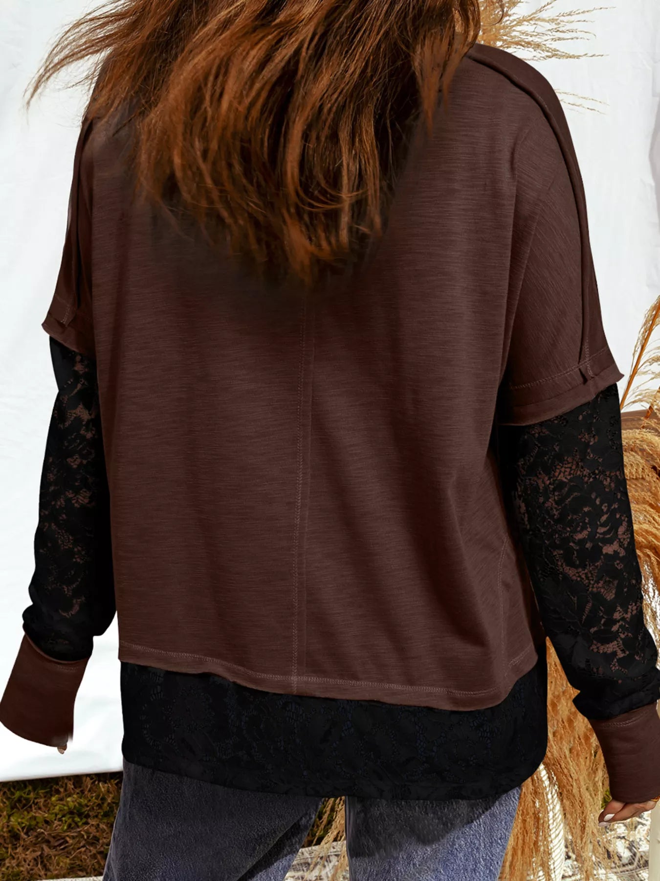 Sheer Lace Patchwork Casual Long Sleeve Top OutfitFlow