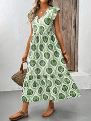 Ruffled Printed V-Neck Cap Sleeve Dress OutfitFlow