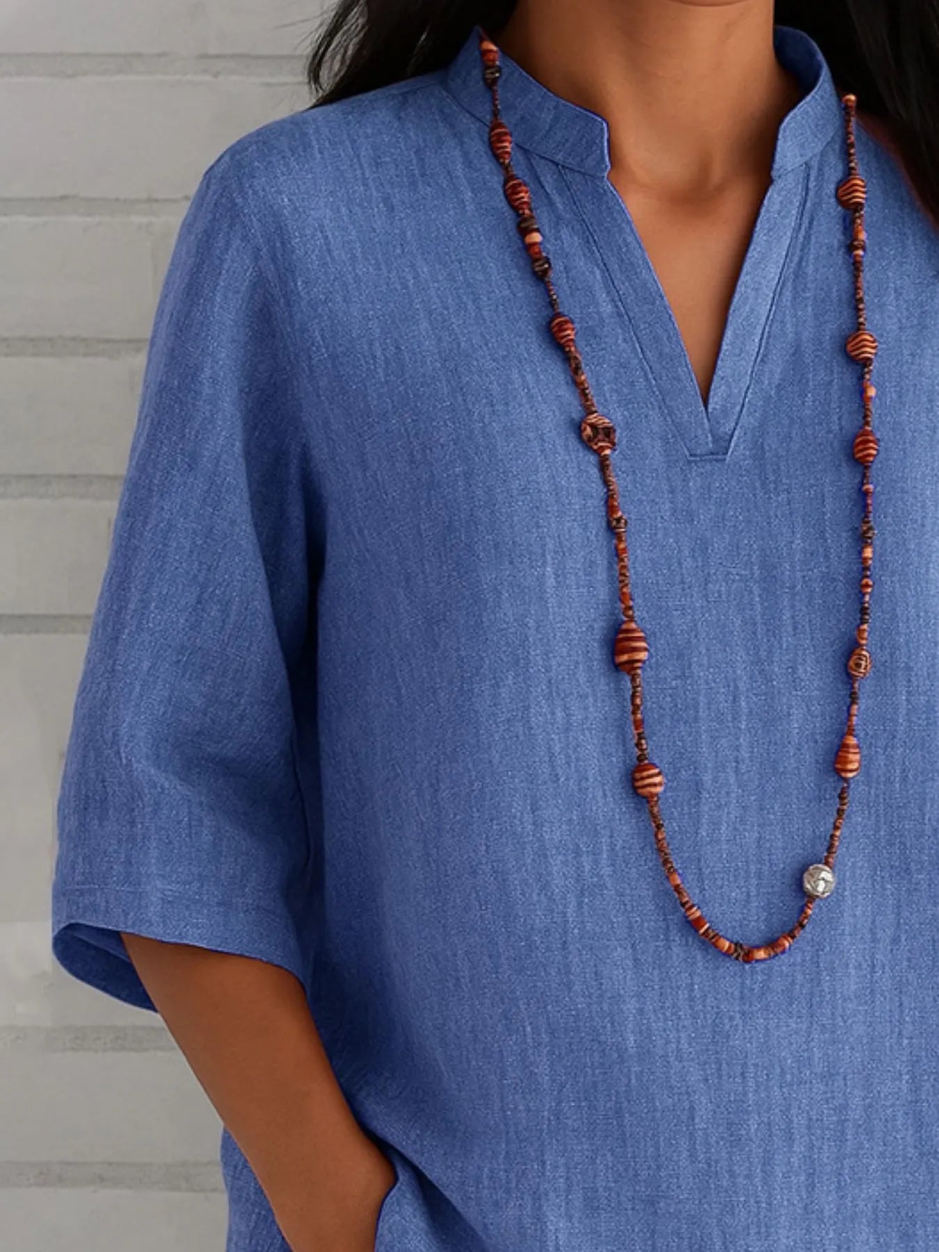 Full Size Notched Three-Quarter Sleeves Blouse Plus Size OutfitFlow
