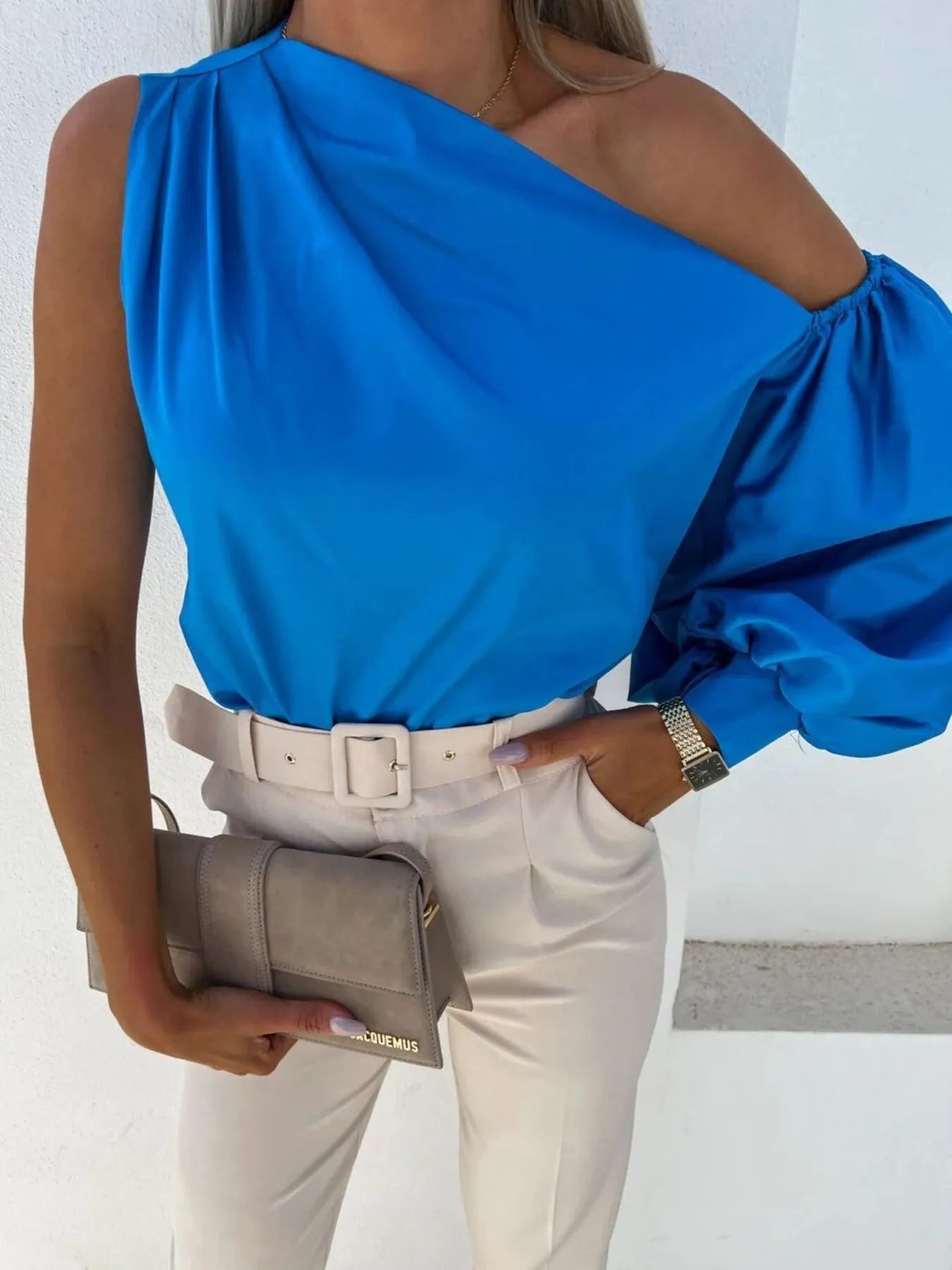 One Shoulder Puff Sleeve Blouse OutfitFlow