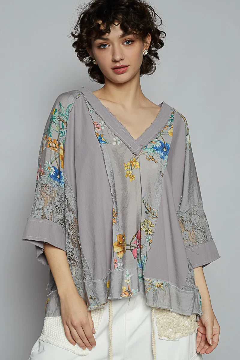 POL Floral V-Neck Raw Edge T-Shirt with Lace Detail Dark Gray OutfitFlow